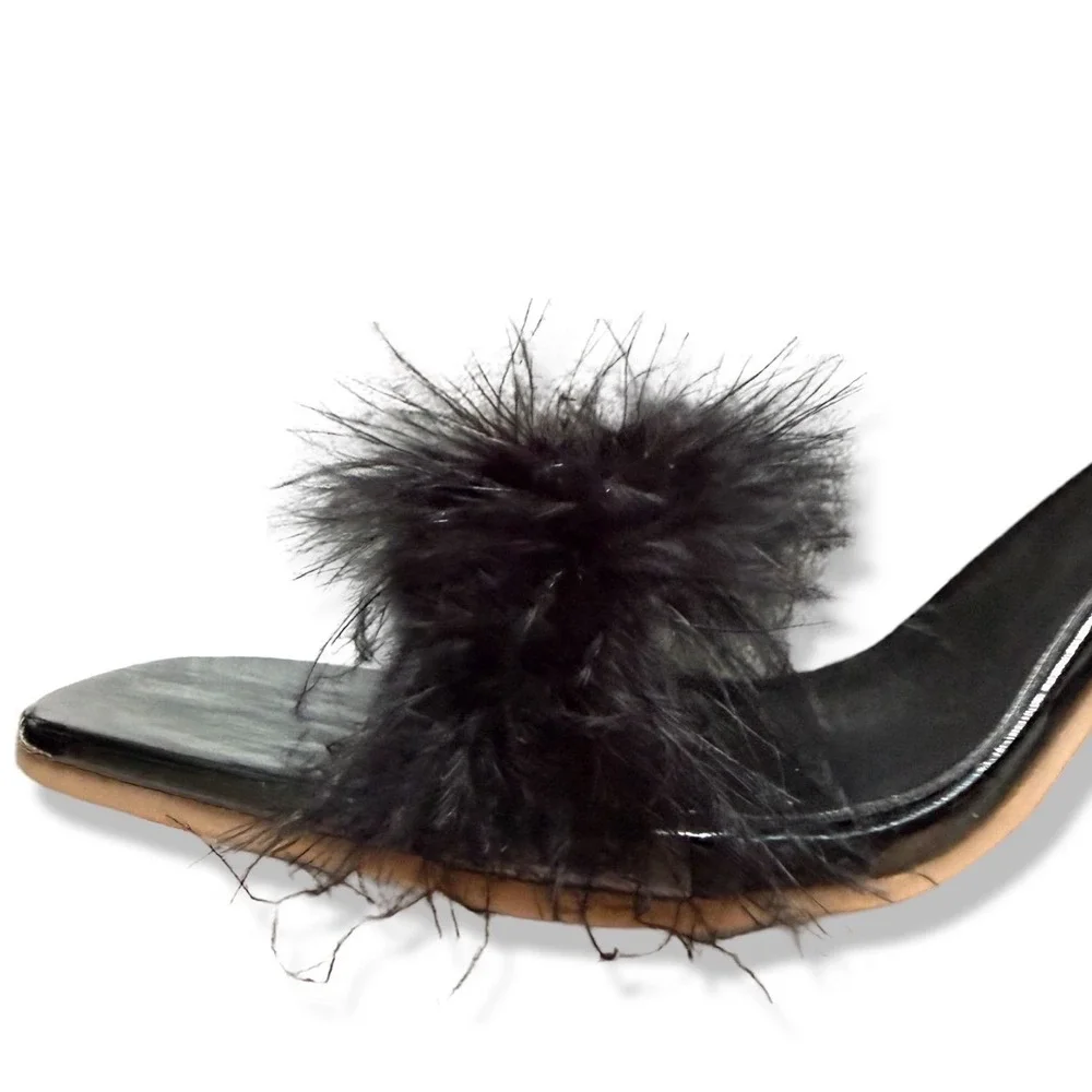 Black Feather Ankle Strap Sandals Cut Out Block Heel Square Toe Sz 11.5 EUR 44